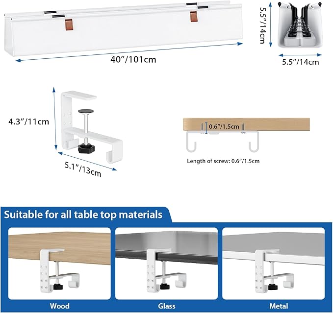 Large Cable Management Under Desk 40" No Drill Desk Cable Management Clamp/Screw