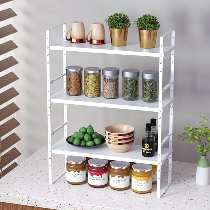 Jojocross Expandable Stackable Spice Rack Cabinet Shelf Organizer in Cabinets Shelves Kitchen Cupboard Organization Stack up Racks Pantry Countertop Storage Large/White 3 Packs