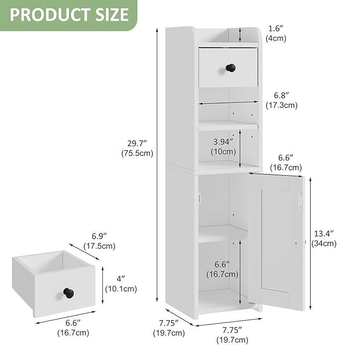 Lomojo Small Bathroom Storage Cabinet,Narrow Toilet Paper Holder,Corner Floor Cabinet with Doors and Drawer for Small Space,Adjustable Shelf Organizer,7.75L*7.75D*29.6H,White