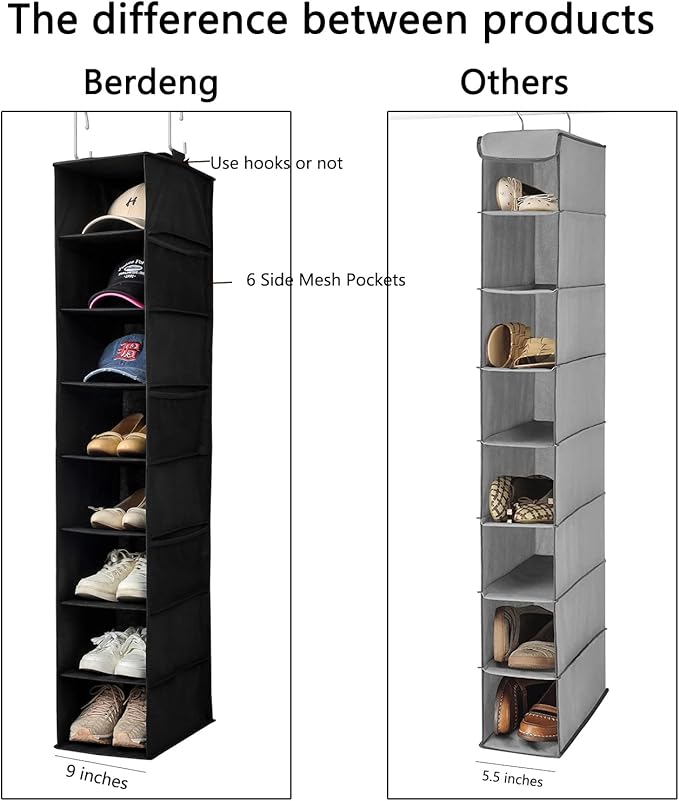Berdeng Hanging Shoe Organizer for Closet with Side Mesh Pockets，Hat Racks for Baseball Caps，Shoe and Hat Holder & Storage，8-Shelf，Black，2 Pack