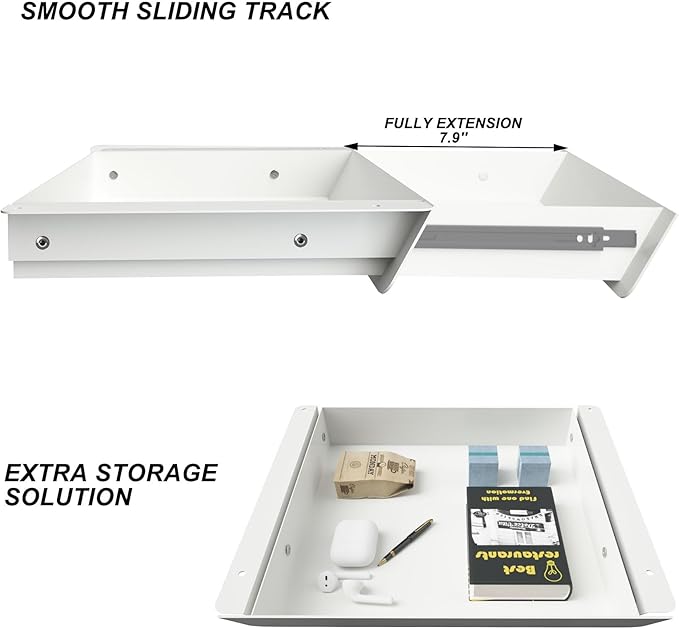 White Under Desk Mounted Sliding Drawer with 60 Degree Tilt Panel to pull out, 15'' long & 9'' deep Large Storage Organizer for Sit Stand Workstation