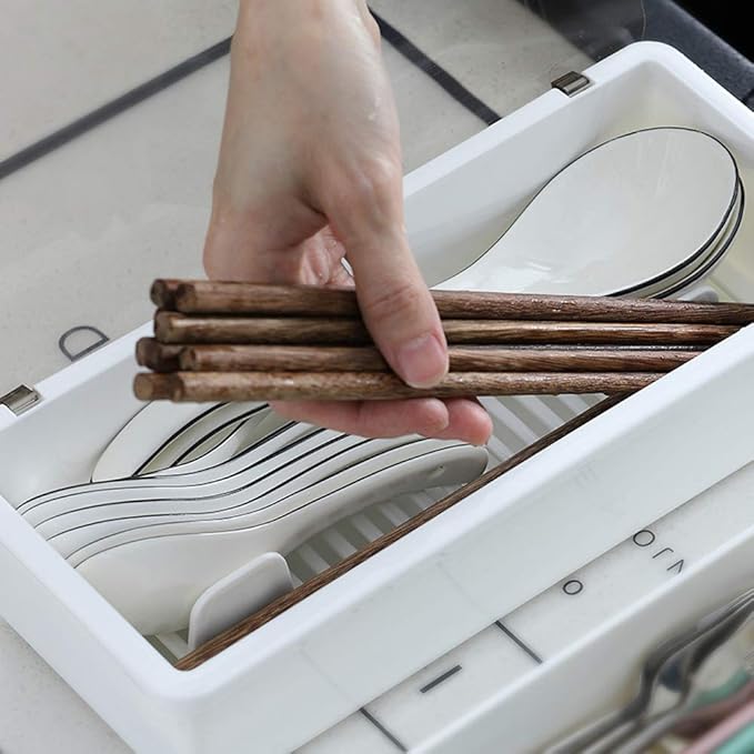 White Flatware Tray Kitchen Drawer Organizer With Lid And Drainer - Plastic Kitchen Cutlery Tray and Utensil Storage Container with Cover - 11.0 Inch Silverware Holder Drawer Organizer