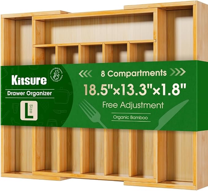 Kitsure Silverware Organizer - Expandable Bamboo Kitchen Drawer Organizer for Cooking Utensils and Cutlery, Sturdy & Thickened Kitchen Organizers and Storage Solution, Large, Natural
