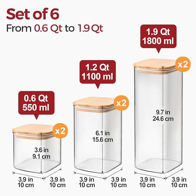 6-Pack Square Glass Pantry Storage Containers with Lids, Airtight Stackable Pantry Organization and Storage Set (1.9/1.2/0.6 Qt) for Snacks, Cereal & Coffee
