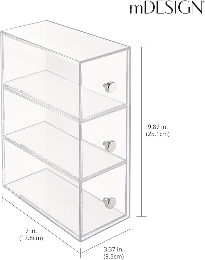 mDesign Plastic Kitchen Pantry Stackable Storage Organizer Container Station with 3 Drawers for Cabinet, Countertop, Holds Coffee, Tea, Sugar Packets, Creamers - Lumiere Collection - Clear