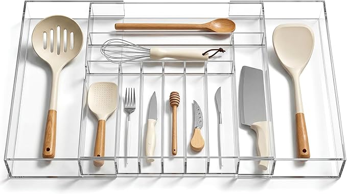Teenyyou 1 Pack Expandable Kitchen Drawer Organizer Clear Acrylic Utensil Organizer Adjustable Acrylic Silverware Storage for Drawers Silverware Flatware Knives (18.5 x 17.4 Inches,9-11 Compartments)