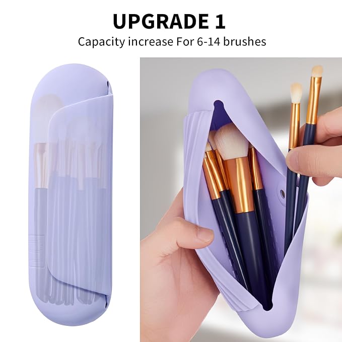 AGIKET Silicone Makeup Brush Holder Travel Cosmetic Bag：Soft Portable Cosmetic Face Brushes Holder with Upgrade Anti-Fall Out Magnetic Closure, Large Travel Makeup Brush Case - Lavender