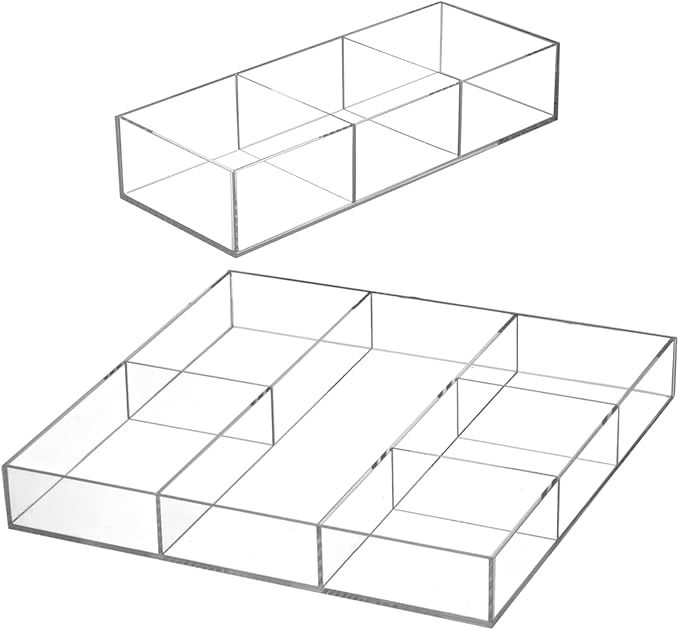 Peohud 2 Pack Acrylic Drawer Organizer Tray, 6/3 Section Clear Makeup Tray Organizer for Drawer, Junk Drawer Storage for Office Desk Supplies and Accessories