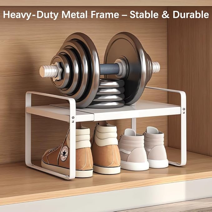 Expandable 1-Tier Metal Shoe Rack (H:10"), Adjustable Width 14.9"-23.6", Heavy-Duty Stackable Free-Standing Shoe Shelf for Closet & Entryway – 2-Pack Set