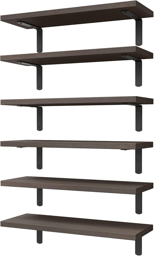 Wood Floating Shelves Set of 6, Shelves for Wall Decor, Dark Brown
