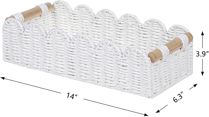 CubesLand Scalloped Edge Toilet Paper Storage Basket, Living Room Home Cozy Decor Basket, Paper Rope Small Baskets for Over Toilet Storage Shelf, End Table, Shelves, with 2 Wooden Handles, White