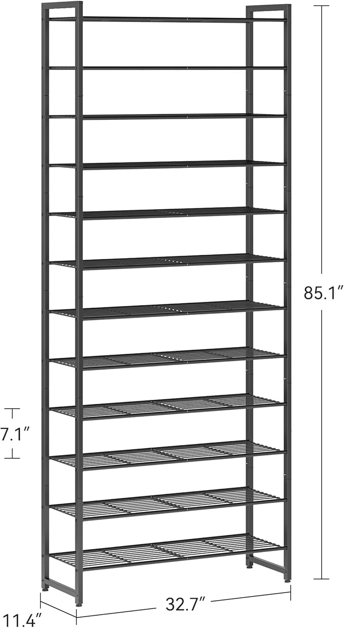 Nunsino Shoe Rack for Closet, Metal Shoe Organizer,12 Tier Garage Shoe Rack Max Holds 60 Pairs,Shoe Storage Shelf,Entryway, Black