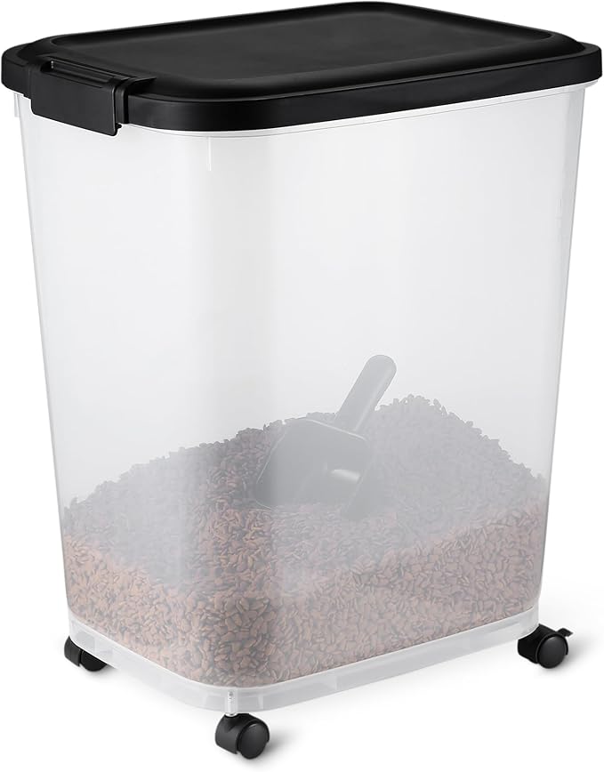 Amazon Basics Pet Food Storage Container with Wheels, BPA-Free, Detachable Scoop, 30lbs Capacity, Reliable Seal