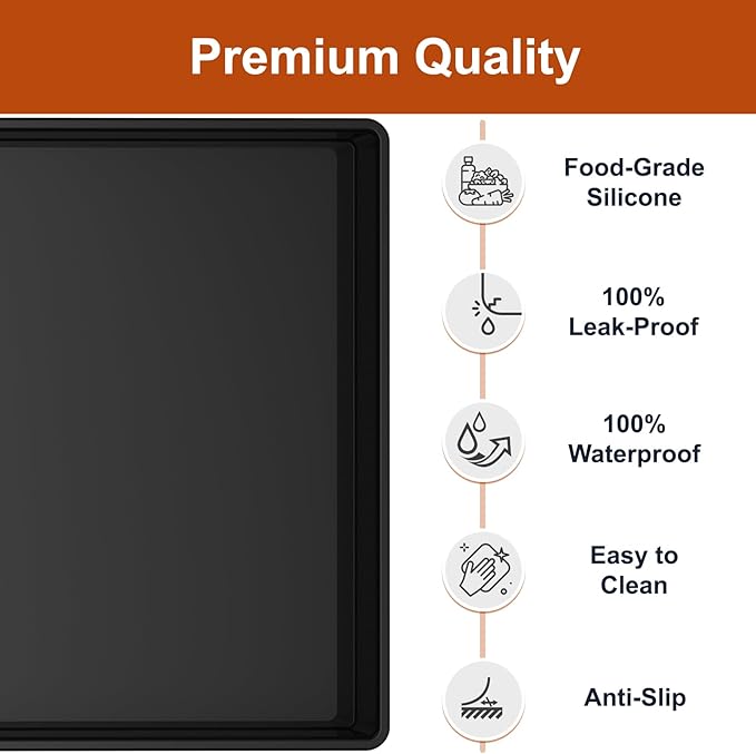 ukeetap Extra Thick Silicone Mat Waterproof with Raised Edge 19” x 12”, BPA Free Non-Slip Dog & Cat Food Mat, Feeding Mat for Food and Water Bowls, Spill Proof Mat to Protect Floors, Black