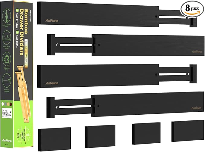 Bamboo Drawer Dividers Organizers, Expandable Drawer Separators Splitter, Black