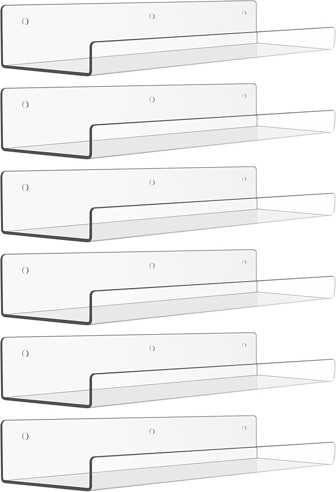 6 Pack Acrylic Shelves for Wall Storage, 15" x 4“ Floating Bookshelves for Kids