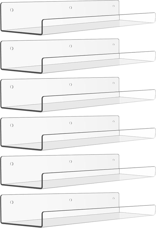 6 Pack Acrylic Shelves for Wall Storage, 15" x 4“ Floating Bookshelves for Kids