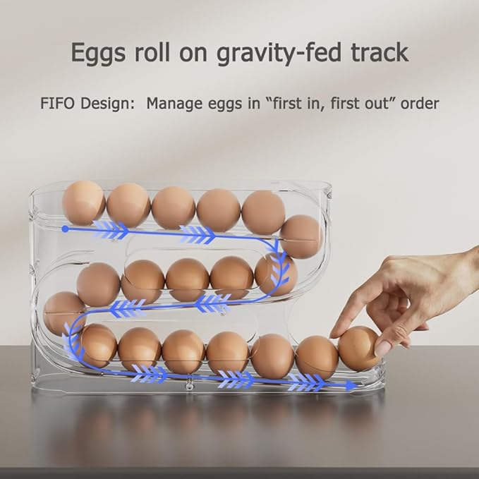 Sotfamily Clear Egg Holder for Fridge, Auto Rolling Egg Dispenser for Eggs 36 Count, FIFO Design, Space-Saving Egg Roller, Organizer, Container, Storage for Refrigerator & Kitchen Countertop(2 Packs)