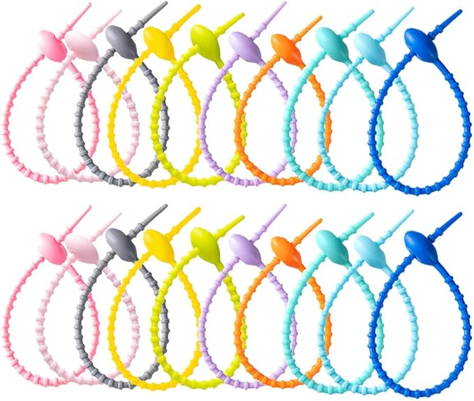 BIGEBO 20 PCS Colorful Silicone Cable Ties, Reusable Rubber Twist Tie Bag Clip Bread Tie Zip Ties Adjustable Cable Cord Wraps Management Organizer