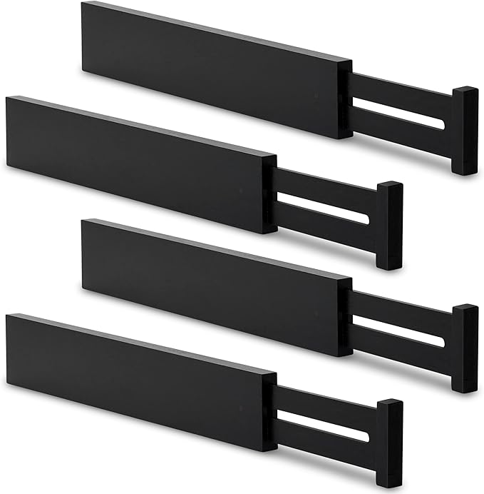 4 pcs Bamboo Kitchen Drawer Dividers Large, Adjustable Black Drawer Organizers