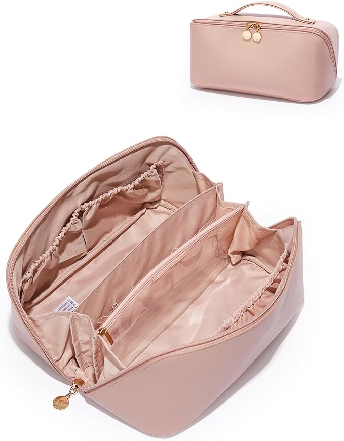 EACHY Travel Makeup Bag, Large Capacity Cosmetic Bag for Women, Waterproof PU Leather, Flat Open Portable Toiletry Bag for Skincare