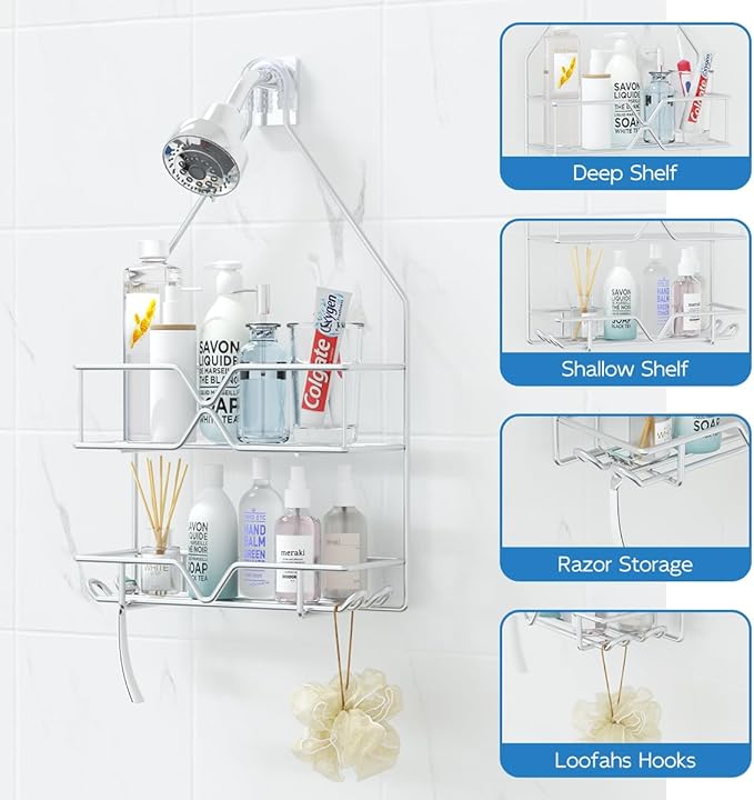 Rustproof Shower Caddy, Hanging, Stainless Steel, 4 Hooks, 2 Shelves, Non-Slip