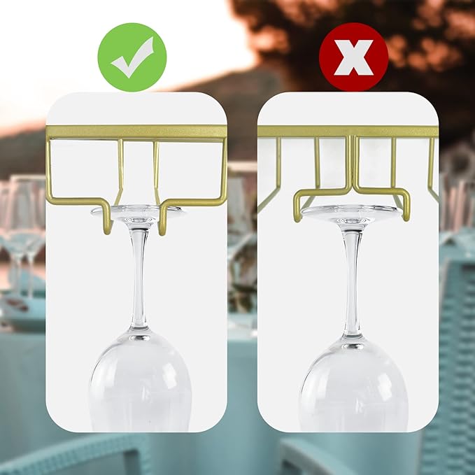 Adjustable Under Cabinet Stemware Holder - Metal Wine Glass Hanger Organizer for Kitchen, Bar, Shelf - Rustproof Hanging Storage Rack for 6-8 Glasses - Space Saving Decor (Gold, 3 Rows)