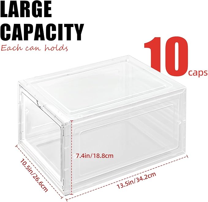 2 Pack Hat Organizer Box，Clear Storage Box,Stackable Clear Hat Storage with Magnetic Door, Holds 10 Hats Each