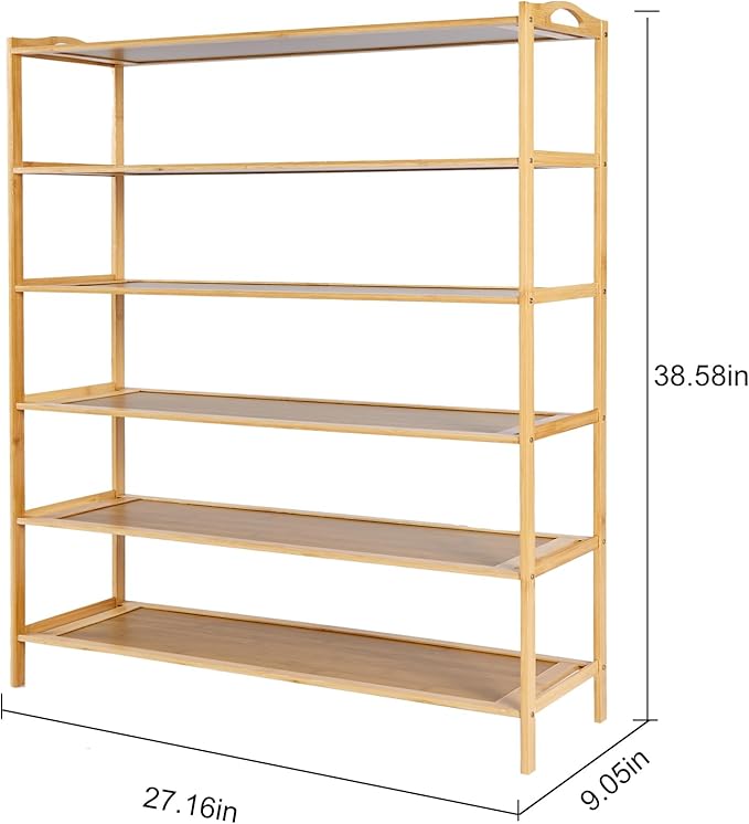 6 Tier Bamboo Shoe Rack, Free Standing Shoe Racks, Shoes Rack Organizer, Bamboo Wood Shoe Rack for Entryway and Closet Hallway (27.5" x 9.25" x 40.3")