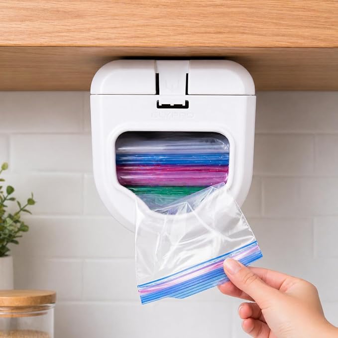 ELYPRO Dispenser for Bags size Quart, Sandwich, and Snack Bags | Under-Cabinet or Shelf Mount | Easy Front-Access Bag Dispensing | Kitchen Organization and Storage Solution