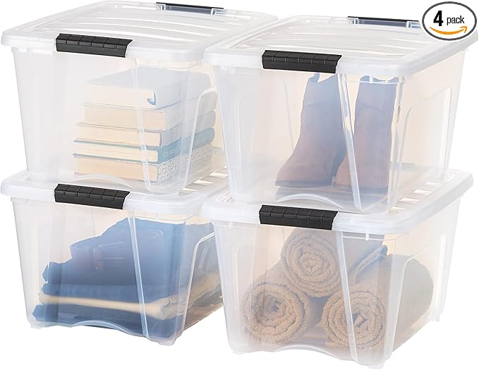 USA 32 Qt Stackable Plastic Storage Bins with Lids, 4 Pack, BPA-Free, Clear