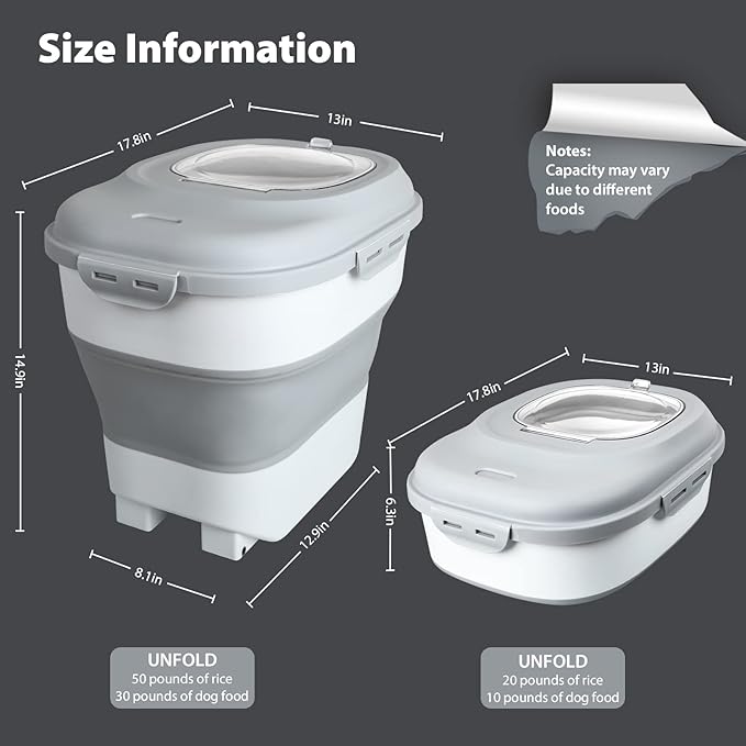 Viretec Cereal Rice Storage Containers, 20 to 50Lbs Collapsible Dry Food Dispenser Bins with Airtight Flip Lid Rolling Wheel, Kitchen Pantry to Store Sugar Flour, Dog Pet Cat Food Holder Container
