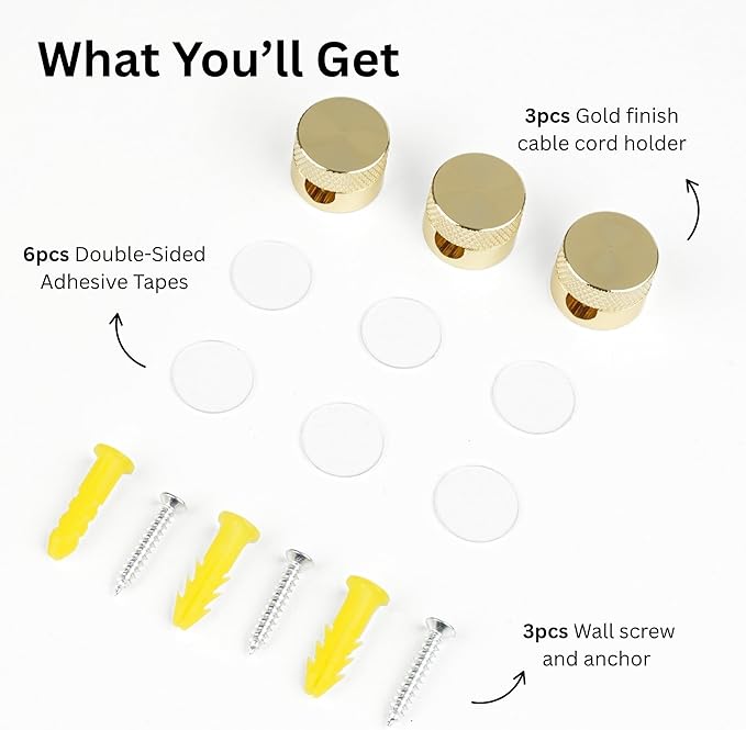 3PCS Premium Cord Holder for Nightstand, Computer Cord Organizer for Desk, Appliance Cord Organizers, Stick-On Cable Clip for Charger, Laptop, USB, Headphones, Wire Management Set, Gold