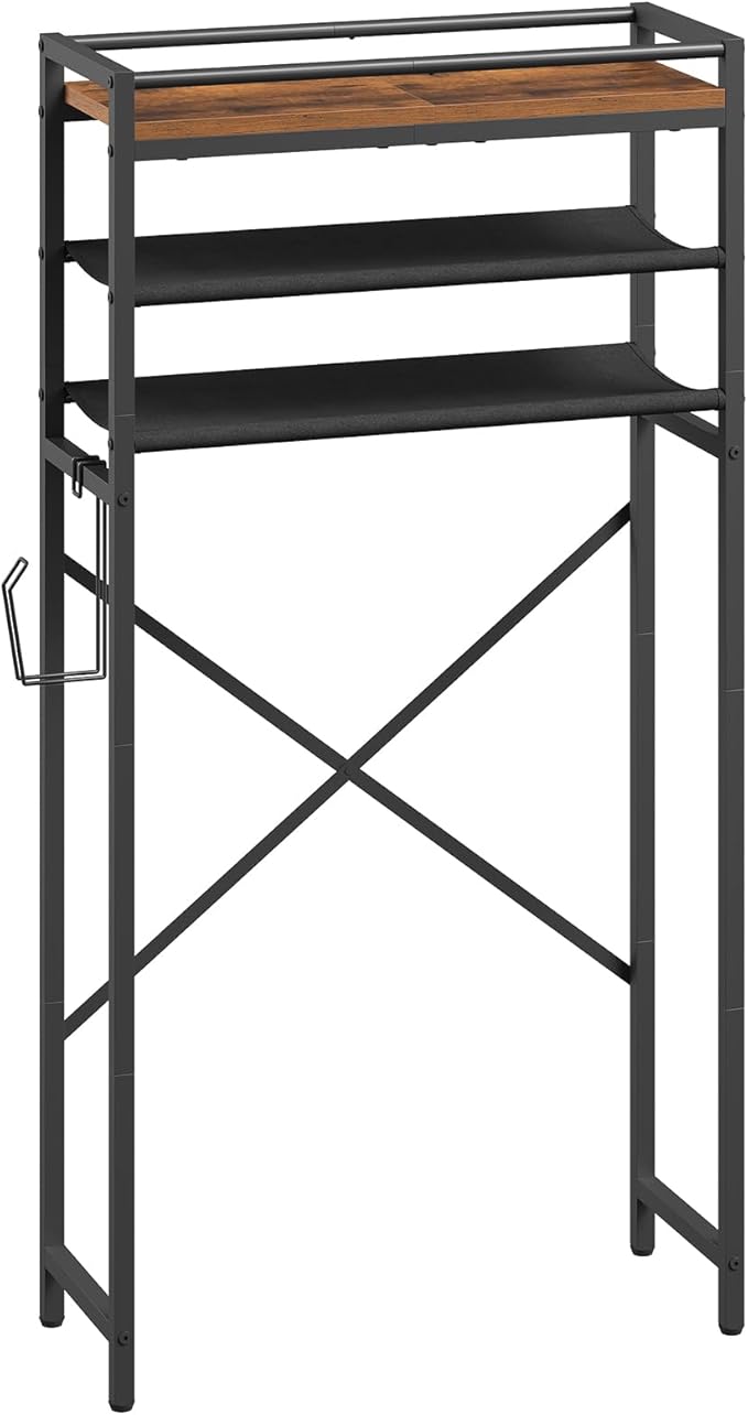 MAHANCRIS Over Toilet Storage, 3-Tier Bathroom Organizer Shelf with Toilet Paper Holder, Freestanding Space Saver Bathroom Shelves Above Toilet for Bathroom, Laundry Room, Rustic Brown TSHR1201