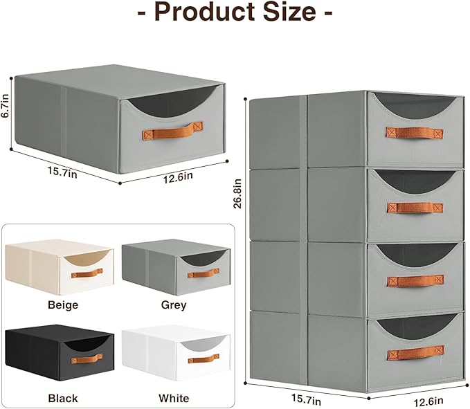 Homsorout Large Closet Organizers - Closet Storage Drawers for Clothes, Fabric Sotrage Bins with Handle, Collapsible Organizer Bins for Bedroom, Living Room, 4 Pack, Gray