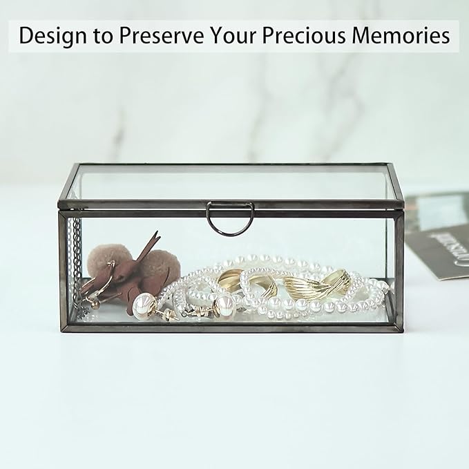 HighFree Vintage Glass Box with Lid - Clear Jewelry Glass Display Box Keepsake Box - Home Decor Decorative Box for Trinket Rings Bracelet (Black, Small)