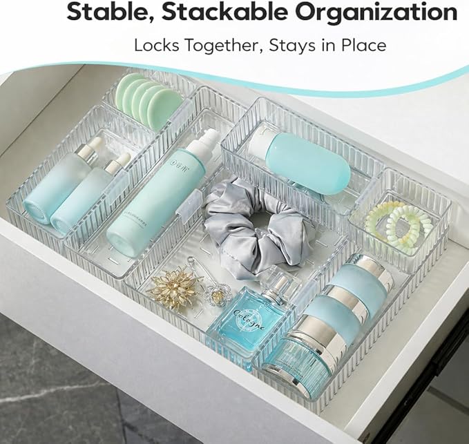 7 PCS Clear Drawer Organizer Bins, Stackable Office Desk Drawer Organizers with 7 Connector Clips, 4 Sizes Plastic Drawer Trays for Office Supplies, Bathroom, Vanity, Makeup & Kitchen