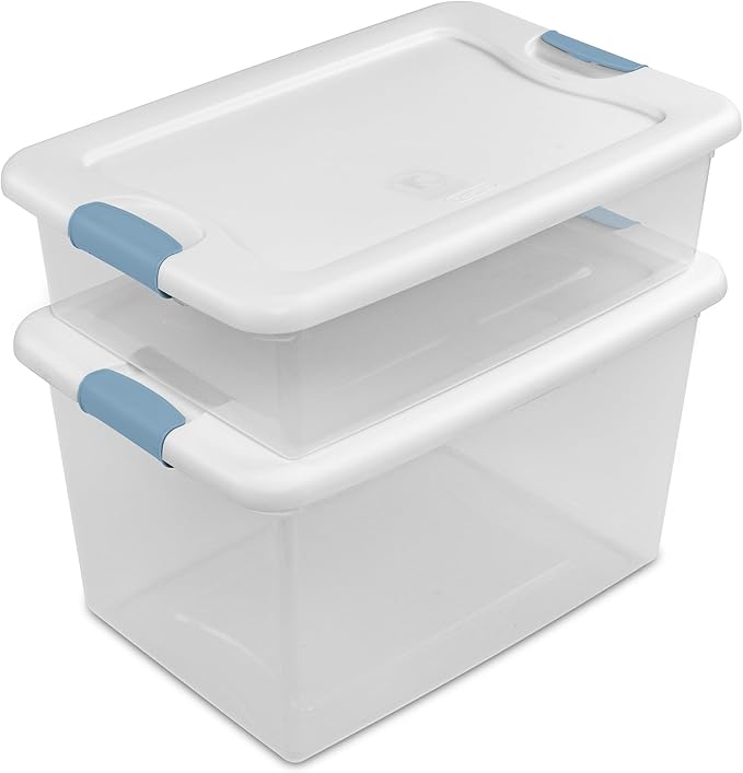 12-Pack Latching Box, Clear Plastic Organizer Bins with White Lids, 64 Quart