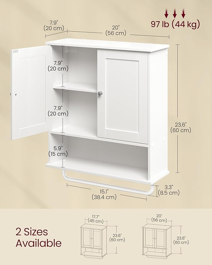 VASAGLE Siren Collection - Hanging Bathroom Cabinet with Towel Rod, Farmhouse Wall Storage Cabinet, with Adjustable Shelf, and Doors, 7.9 x 20 x 23.6 Inches, Cloud White UBBK149WB01S