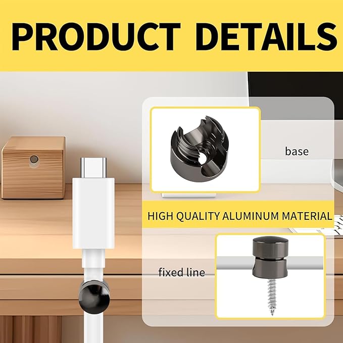4Pcs Cord Holder for Nightstand, Phone Charger Cords Holders Adhesive Metal Cable Organizer, Wire Management Aluminum Clips Adjustable Cable Anchor Holders for Office (Black 4pcs)