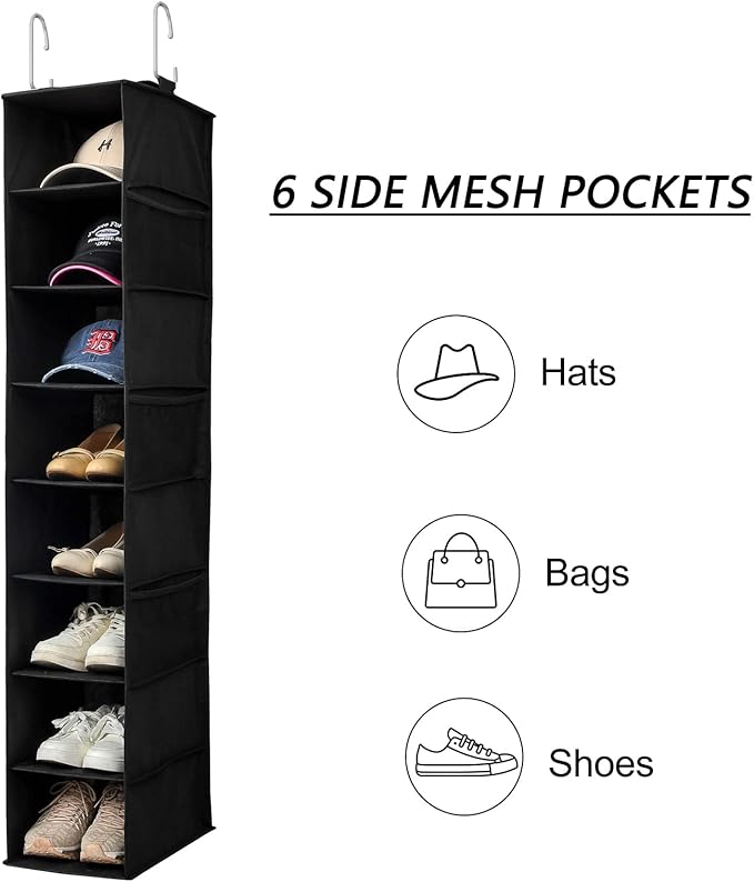 Berdeng Hanging Shoe Organizer for Closet with Side Mesh Pockets，Hat Racks for Baseball Caps，Shoe and Hat Holder & Storage，8-Shelf，Black，2 Pack