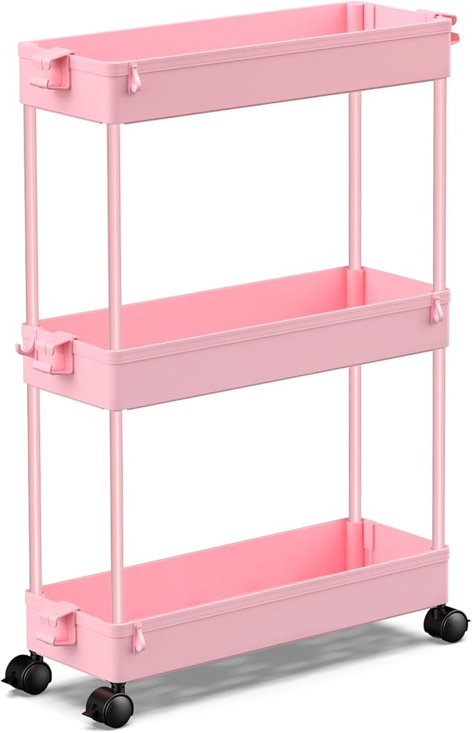 Slim Rolling Storage Cart, Pink