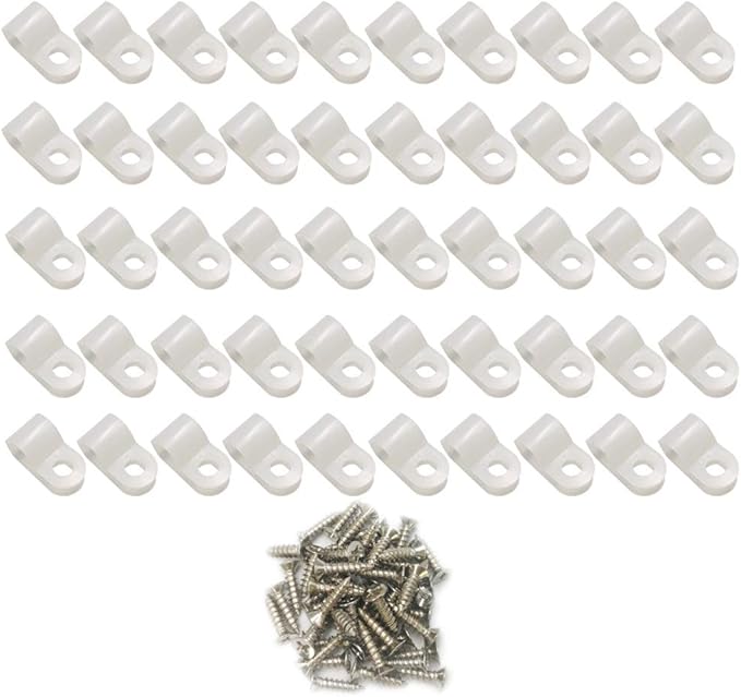 Cable Clamp R-Type Cable Clip Wire Clamp 1/4-inch Nylon Screw Mounting Cord Fastener Clips with Screws for Wire Management - White - 50 Pcs
