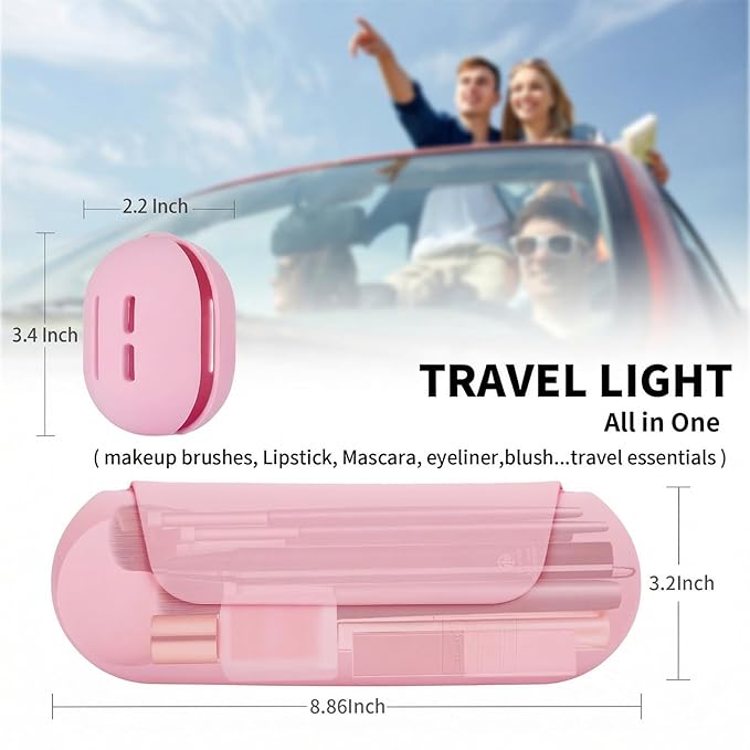 AGIKET 2 IN 1 Silicone Makeup Brush Holder with Beauty Make Up Sponge Holder Case：Soft Portable Cosmetic Face Brushes Holder with Upgrade Anti-Fall Out Magnetic Closure - Pink