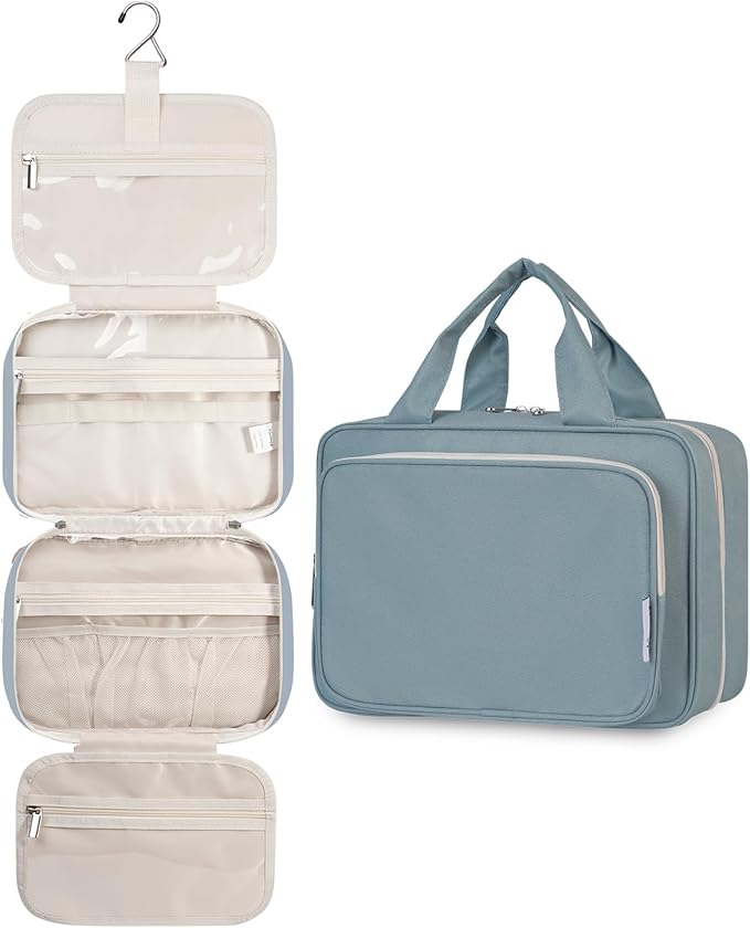 Narwey Hanging Toiletry Bag for Women Travel Makeup Bag Organizer Toiletries Bag for Travel Size Essentials Accessories Cosmetics (Greyish Blue (Medium))