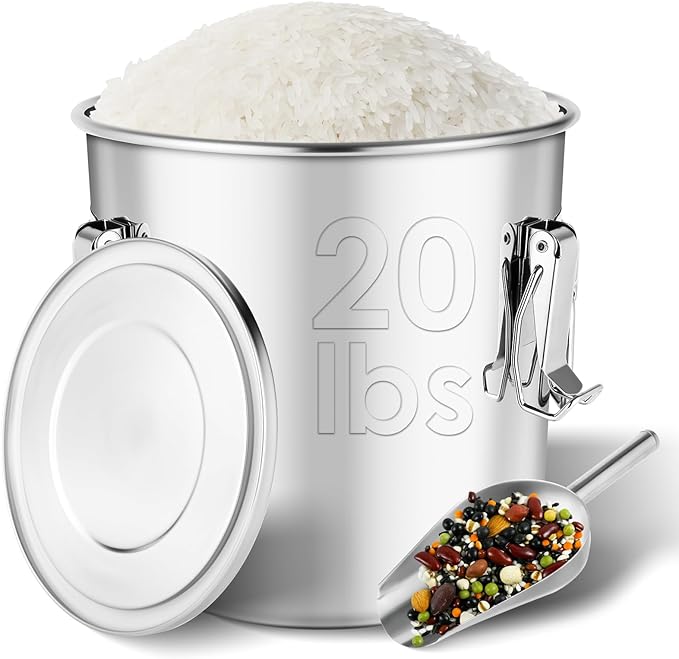 304 Stainless Steel Food Containers with Lids,12L/20LBS Airtight Food Storage Containers with Lock Clips for Flour Rice Sugar Coffee Bean,Stainless Steel Food Storage Containers for Kitchen