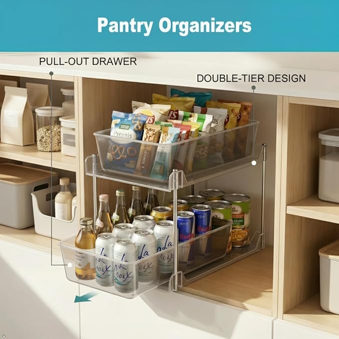 2 Pack Bathroom Organizers and Storage,2-Tier Clear Under Sink and Pull-Out Cabinet Organizer with Track for Kitchen, Pantry,Vanity Countertop,Medicine Cabinet,Closet Drawers Bins