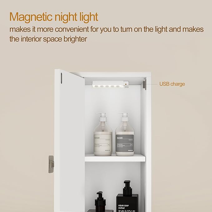 Tall Storage Cabinet, 7.9 Inch Narrow Bathroom Cabinet with USB Magnetic Light