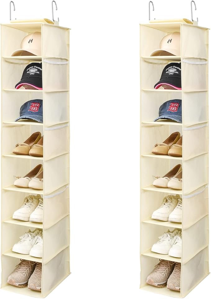 Berdeng Hanging Shoe Organizer for Closet with Side Mesh Pockets，Hat Racks for Baseball Caps，Shoe and Hat Holder & Storage，8-Shelf，Beige，2 Pack