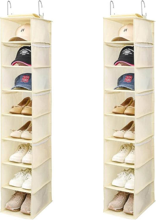Berdeng Hanging Shoe Organizer for Closet with Side Mesh Pockets，Hat Racks for Baseball Caps，Shoe and Hat Holder & Storage，8-Shelf，Beige，2 Pack